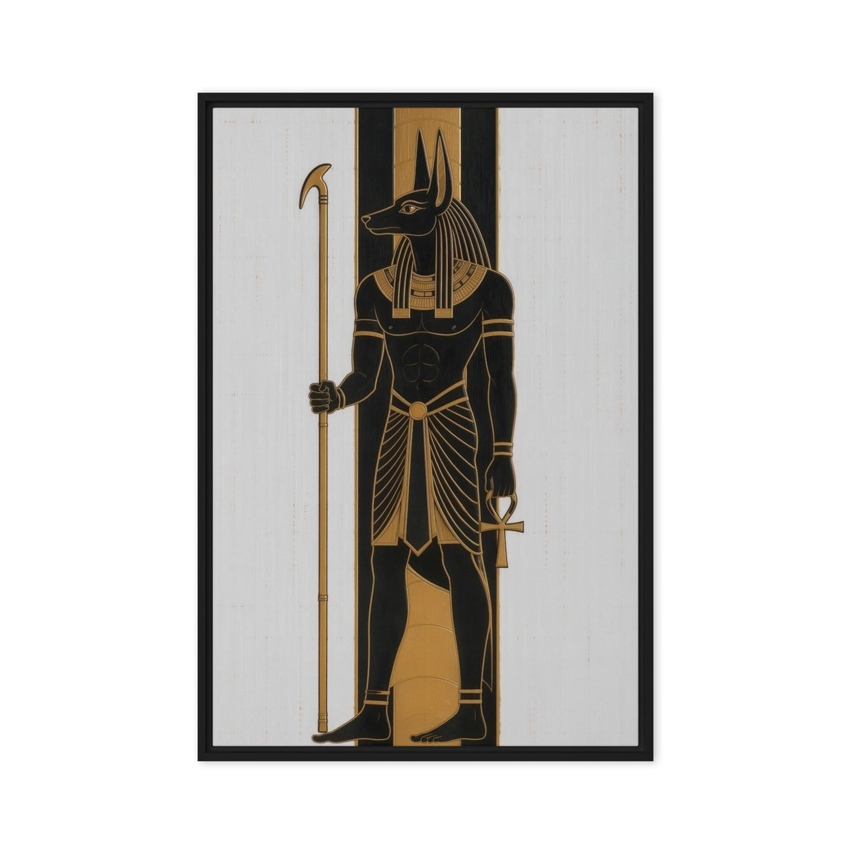 Black and gold Anubis figure holding a staff against pale vertical panels, front view with black frame, 20″×30″ nominal canvas