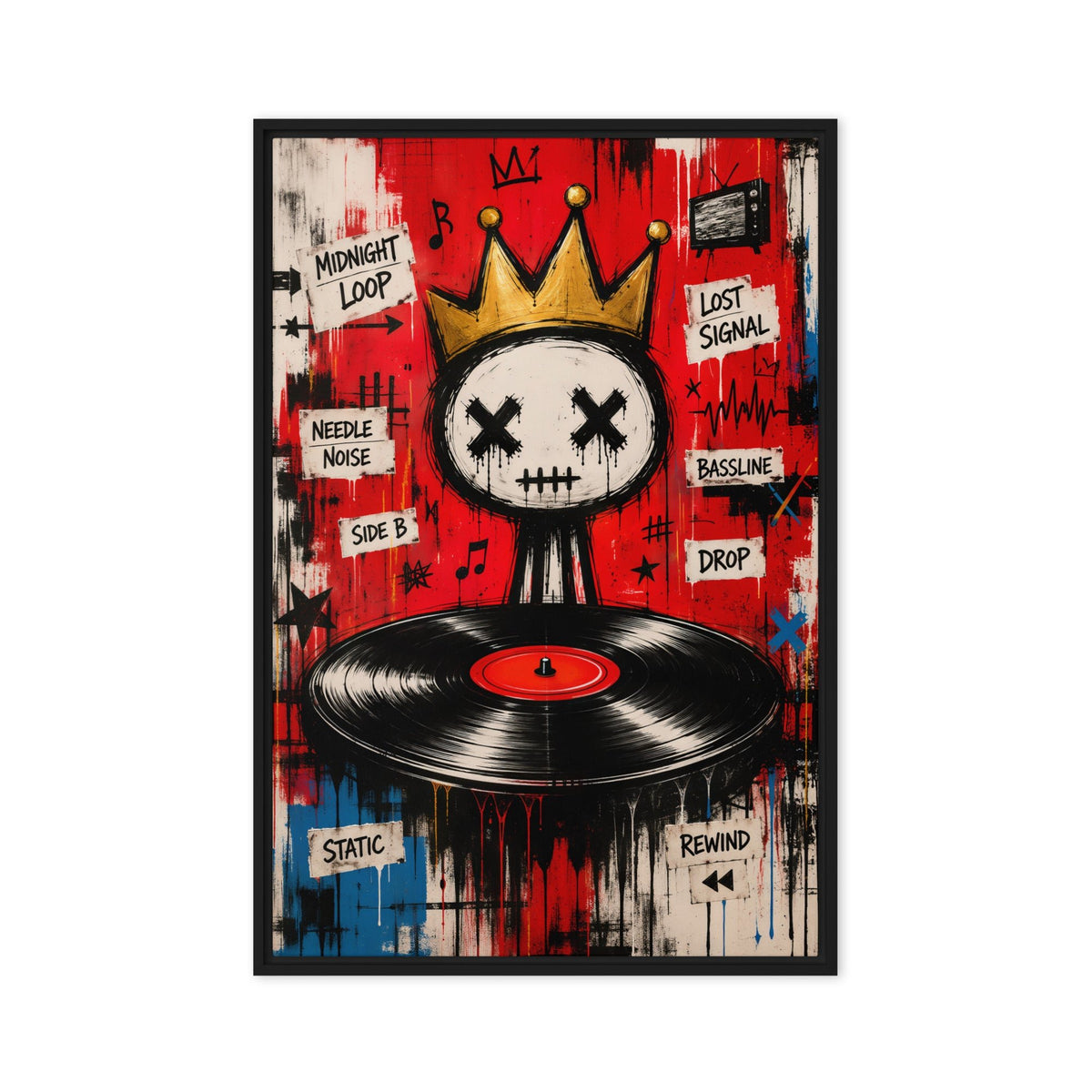 Crowned skull above a black vinyl record in a red and blue graffiti collage, front view with black frame, 20″×30″ nominal canvas