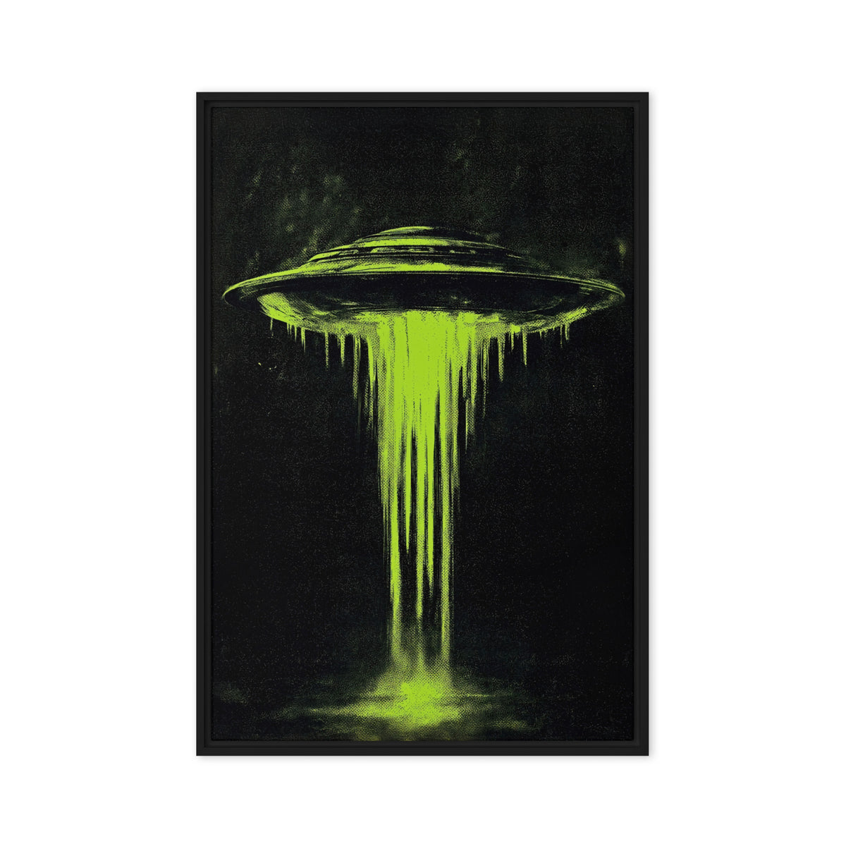 Lime green flying saucer with a dripping beam against black, front view with black frame, 20″×30″ nominal canvas