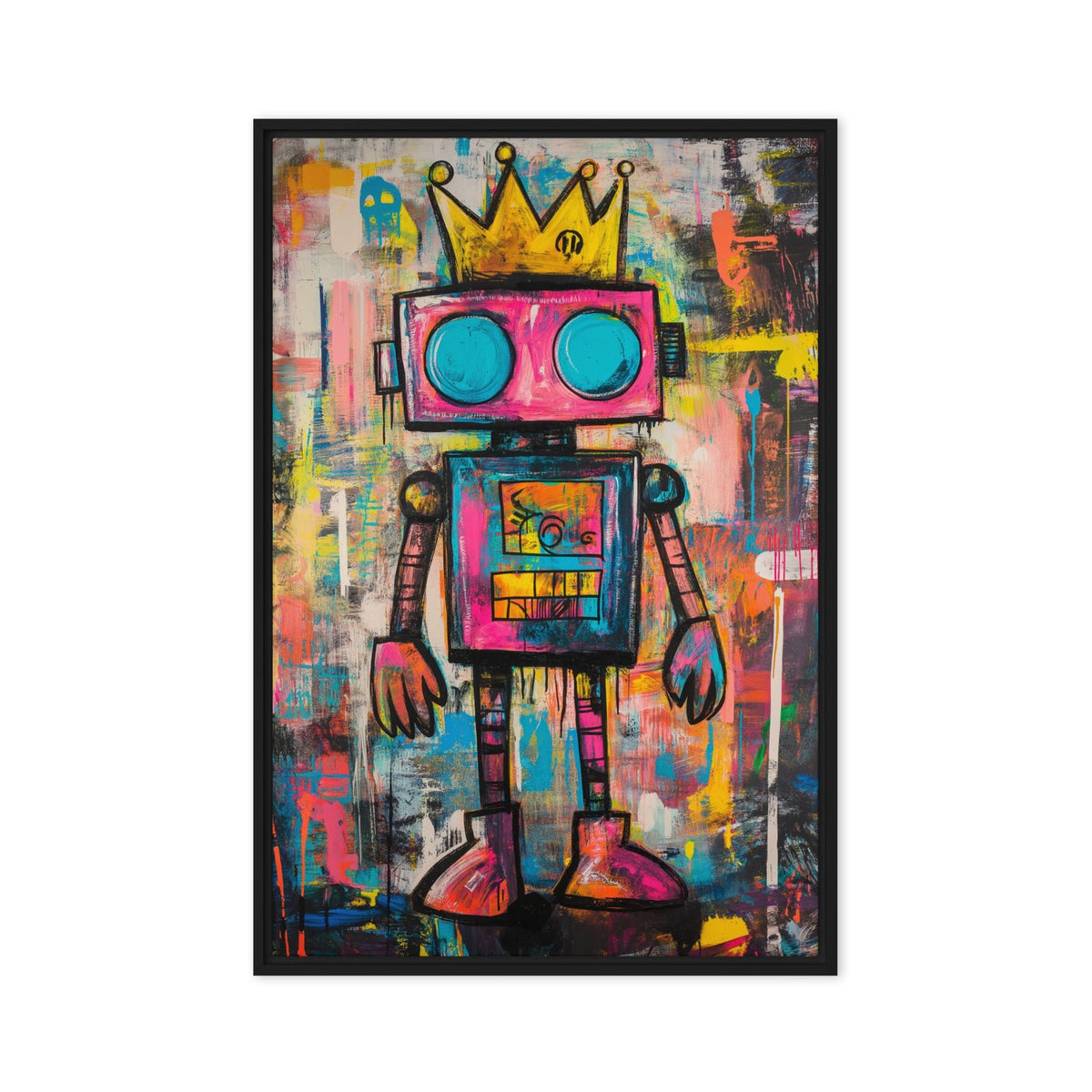 Pink crowned robot with turquoise round eyes against multicoloured graffiti, black frame front view, 20 × 30 in nominal width × height