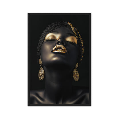 Black and gold portrait of a woman with closed eyes, head tilted back, metallic lips and teardrop earrings