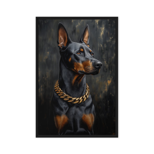 Doberman With Golden Chain Framed Canvas