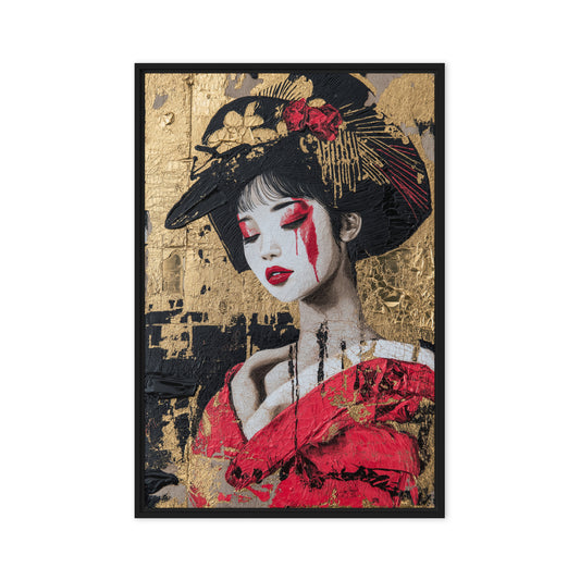 Geisha In Red Kimono Japanese Art Framed Canvas