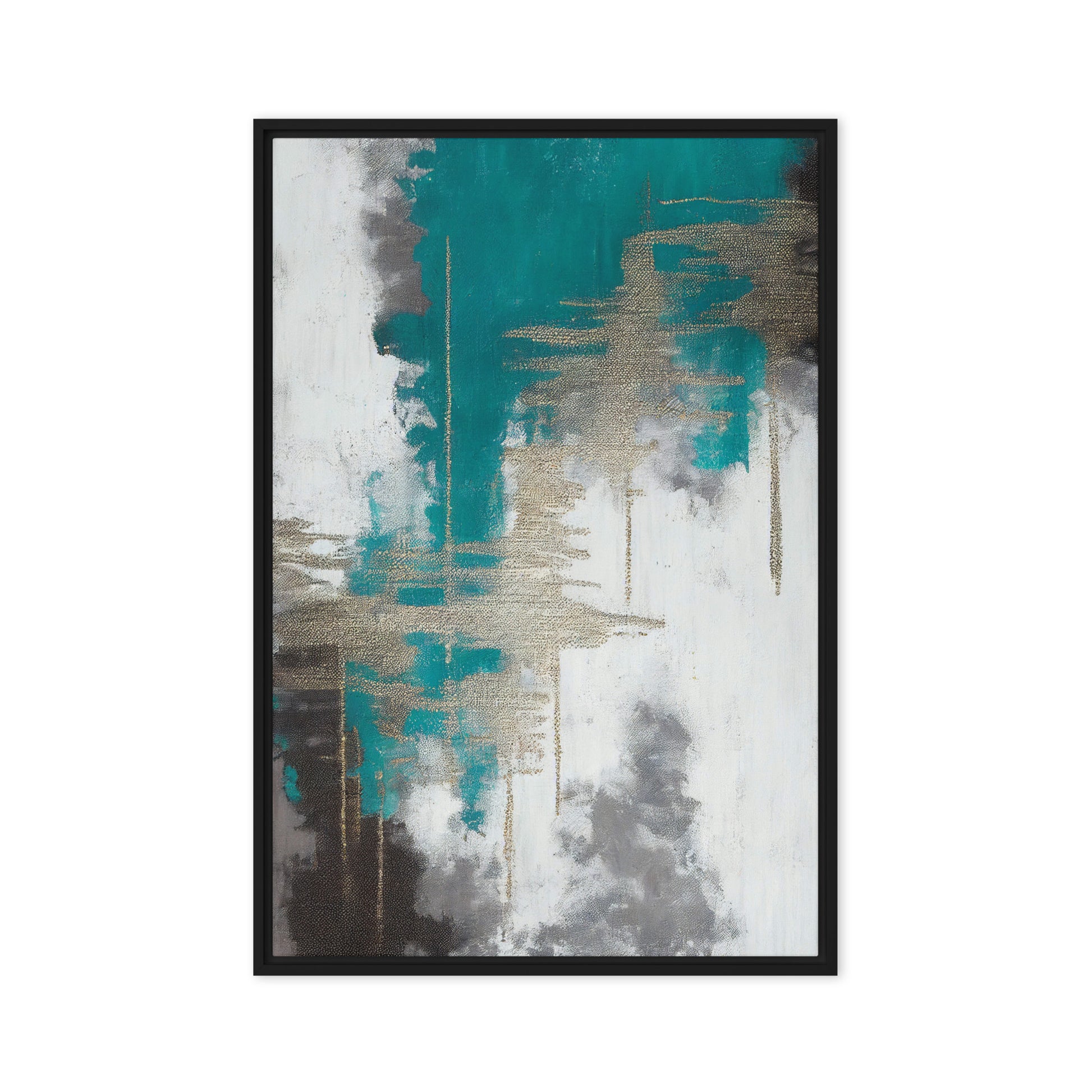 Teal White Grey Silver Modern Art Framed Canvas