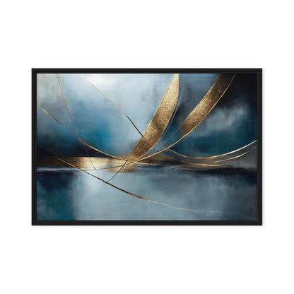 Navy, teal and gold abstract artwork in a black frame on a white background