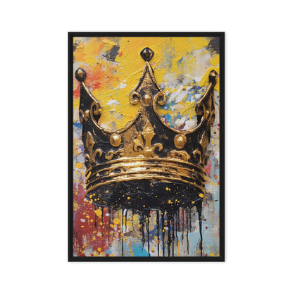 Ornate gold crown with black paint drips against a splattered yellow, blue, white and red abstract background