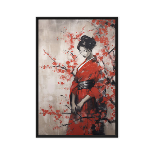 Geisha in Red Kimono Japanese Art Framed Canvas