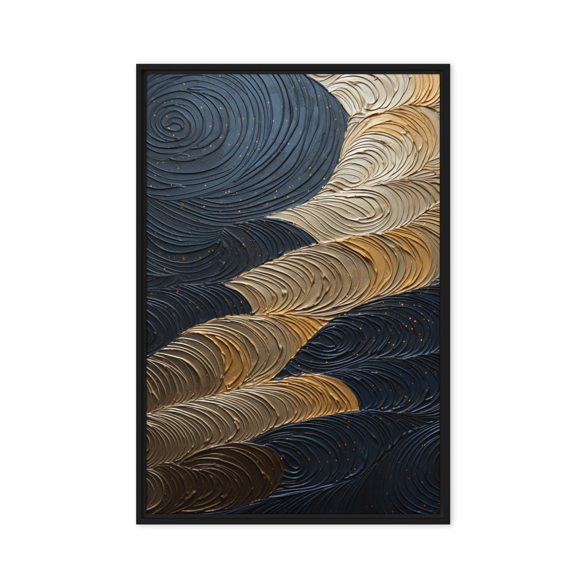 Dark Navy Gold Circles Impasto Art Framed Canvas