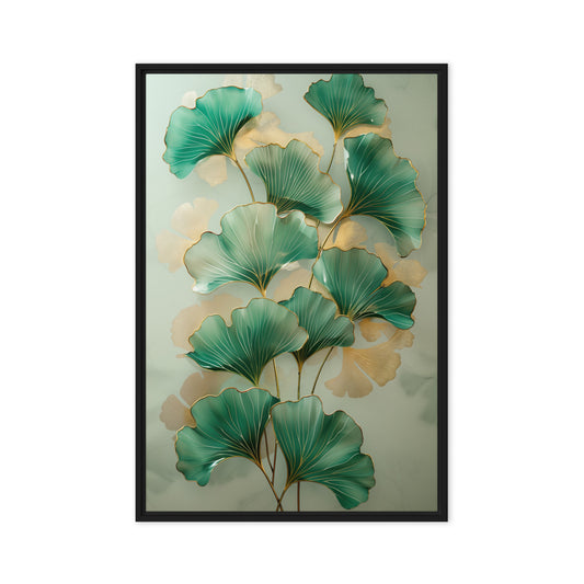 Green Ginkgo Leaves Covered In Gold Framed Canvas