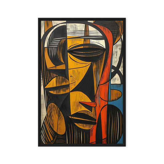 African Abstract Woodcut Art Framed Canvas