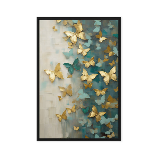 Butterflies Teal Gold Modern Art Framed Canvas