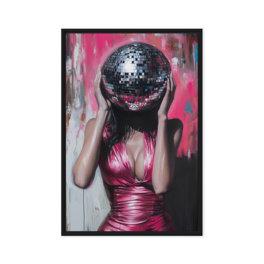 Woman Disco Ball Head Framed Canvas