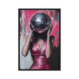 Woman Disco Ball Head Framed Canvas