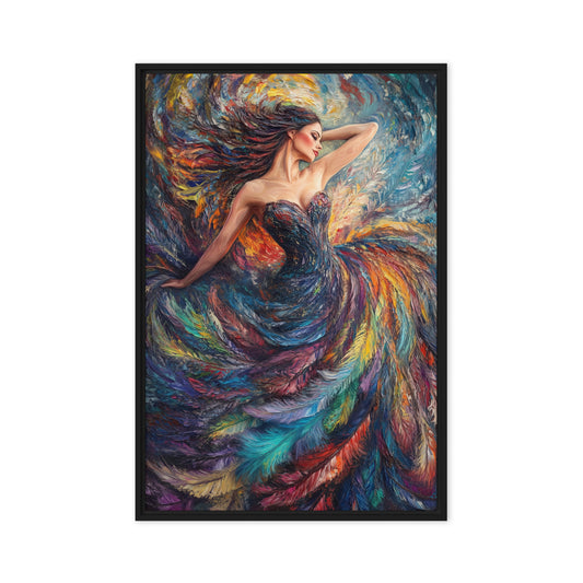 Woman In A Colorful Feather Dress Modern Art Framed Canvas