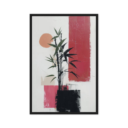 Close view of abstract bamboo leaves and stems with a peach circle, tall red block and black base on white