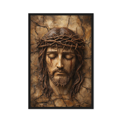 Close view of Jesus wearing a crown of thorns, rendered in warm brown and gold tones within a black frame
