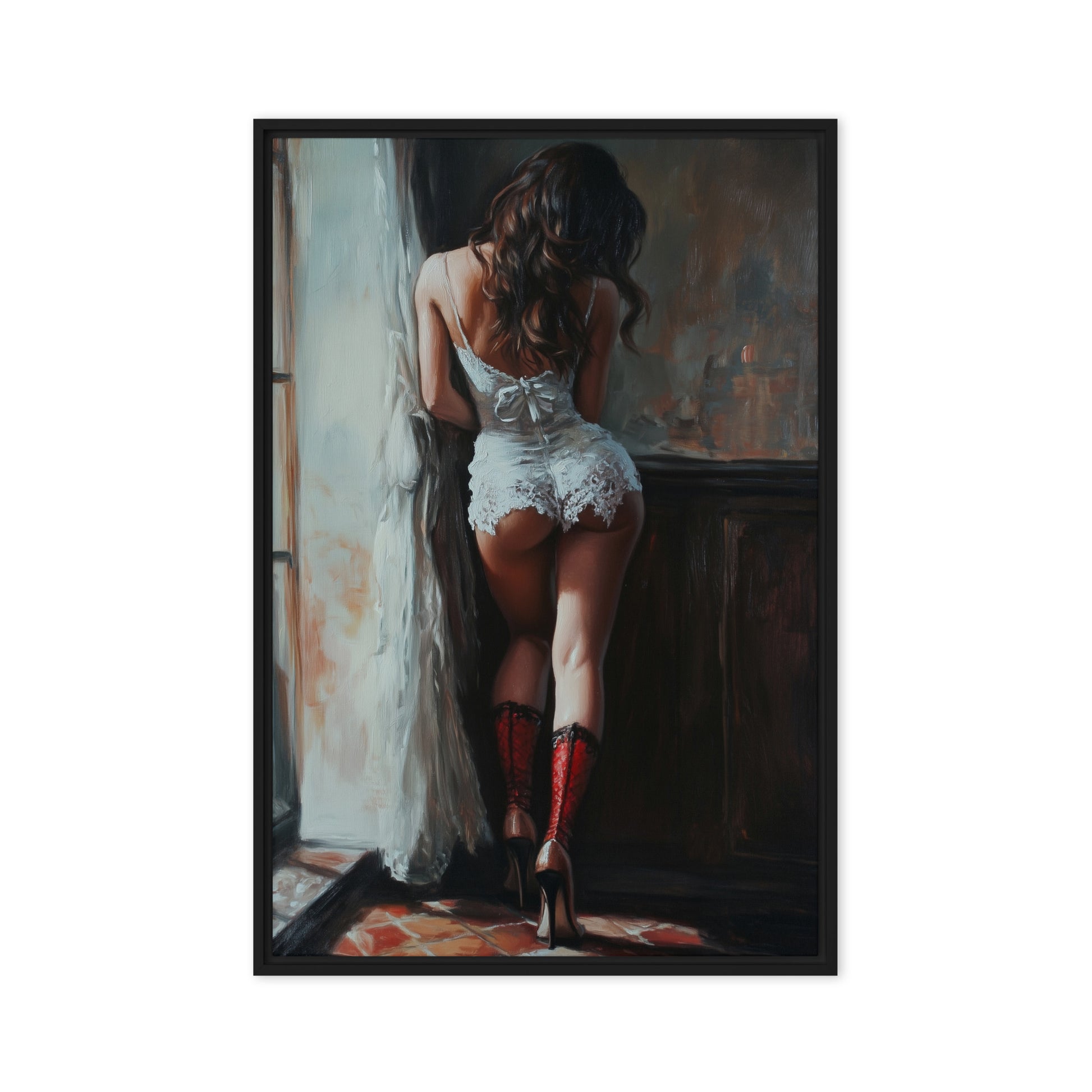 Woman In Lingerie Sensual Art Framed Canvas - PaintFu