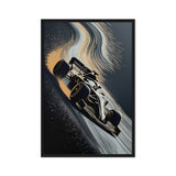 A black open-wheel racing car cuts diagonally through white and gold-toned sweeping lines; front view in a black frame, 24 x 36 in canvas