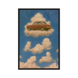 A rust-brown vintage sedan floats on a cream cloud in a blue sky; front view in a black frame, 24 x 36 in canvas
