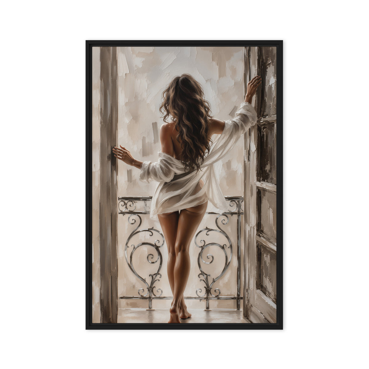A brunette woman seen from behind stands at an open balcony doorway in a loosely draped white shirt; front view in a black frame, 24 x 36 in canvas