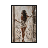 A brunette woman seen from behind stands at an open balcony doorway in a loosely draped white shirt; front view in a black frame, 24 x 36 in canvas