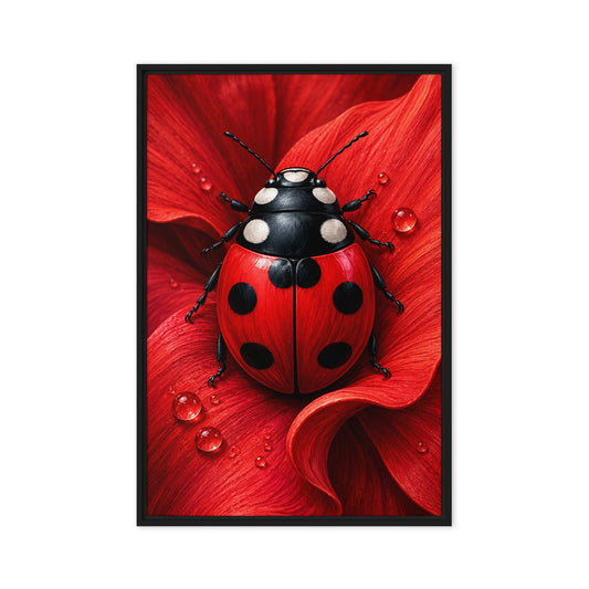 A red and black ladybug rests on a curled red flower petal dotted with water droplets; front view in a black frame, 24 x 36 in canvas