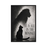 A sitting black cat casts a large lion-shaped shadow beside the words It Is All in the Mindset; front view in a black frame, 24 x 36 in canvas