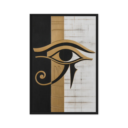A black and gold-toned Eye of Horus crosses vertical black, gold and white panels; front view in a black frame, 24 x 36 in canvas