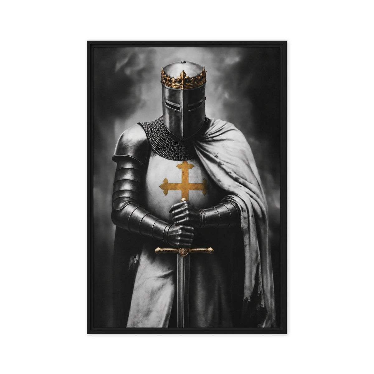 A crowned knight in dark armour, a white cloak and a gold cross holds an upright sword; front view in a black frame, 24 x 36 in canvas
