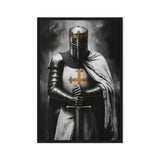 A crowned knight in dark armour, a white cloak and a gold cross holds an upright sword; front view in a black frame, 24 x 36 in canvas