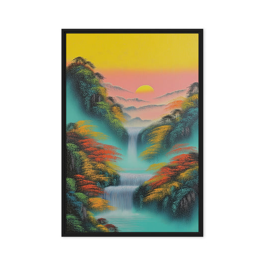 Teal waterfalls between orange-green trees beneath a pink-and-yellow sky and distant sun, black frame, 24″×36″ front view