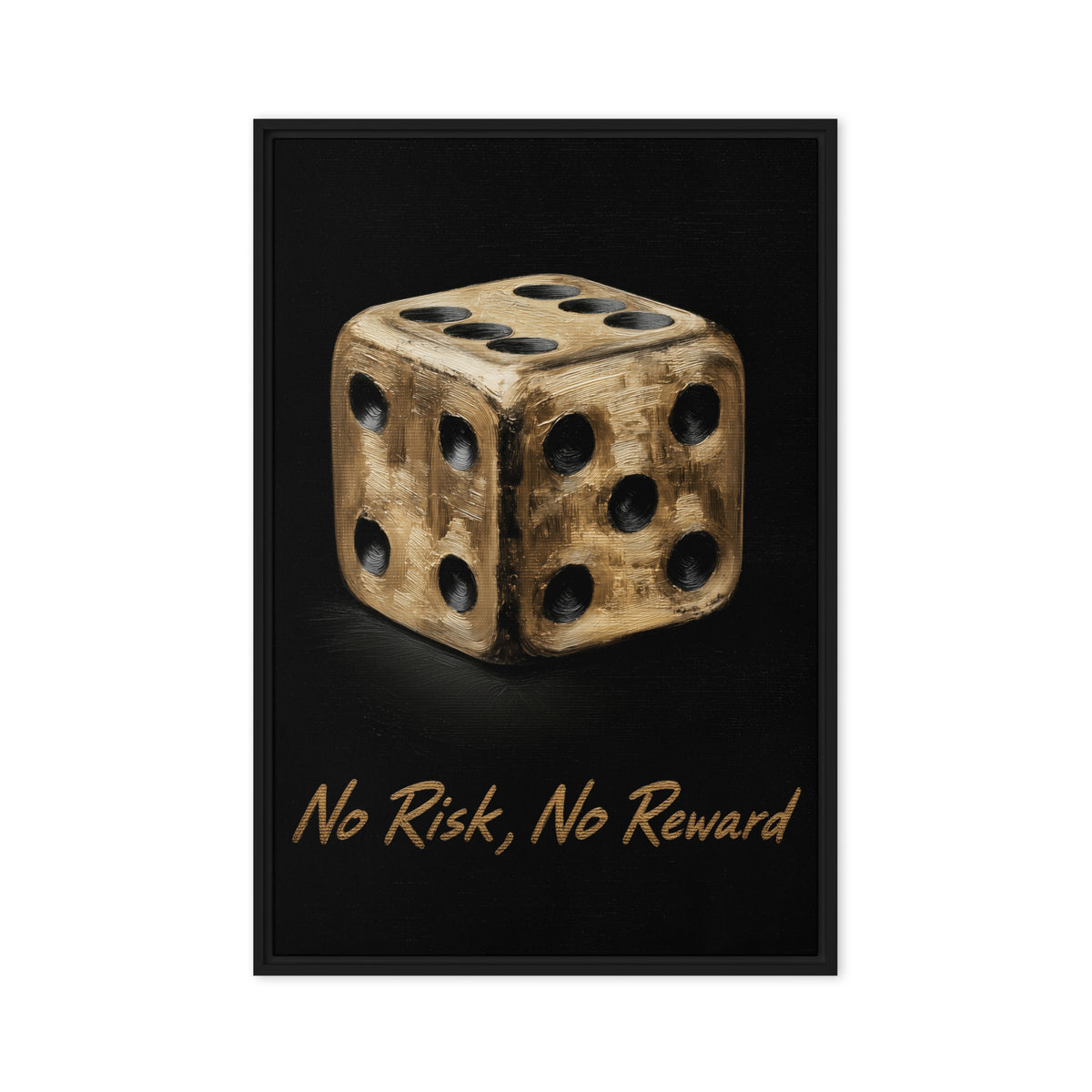 Gold-toned die and No Risk, No Reward lettering on black, black frame front view, 24″×36″ nominal width by height