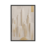 Stylised ivory Manhattan skyline with slender towers, pale shadows and gold-coloured accents, black frame, 24″×36″ front view
