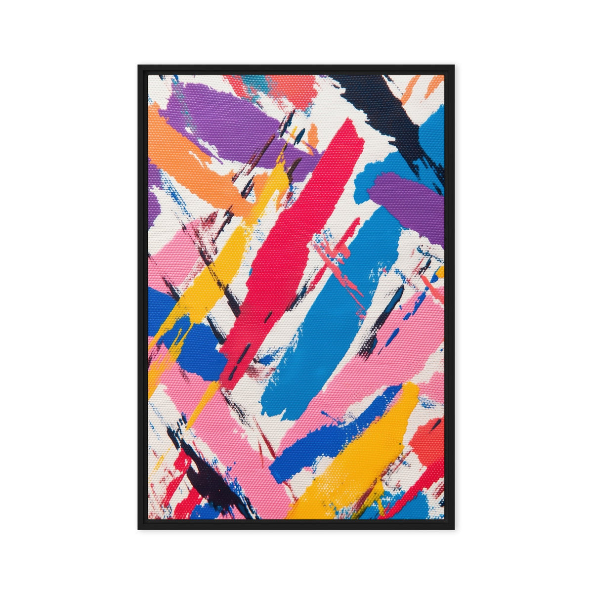 Overlapping pink, blue, red, yellow and purple diagonal brushstrokes with white and dark marks, black frame, 24″×36″ front view