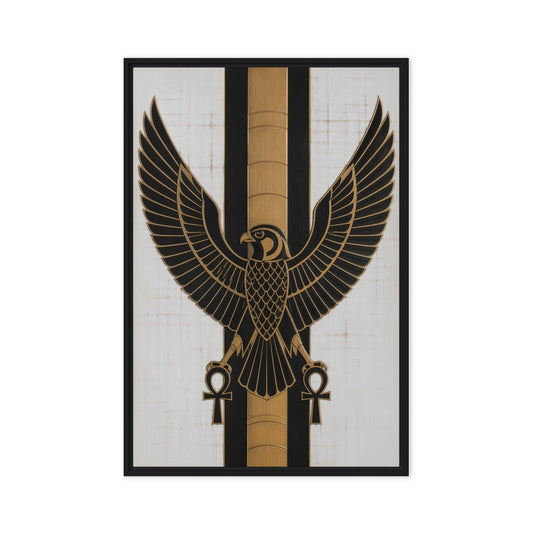 Black Egyptian-style falcon with gold feather lines, raised wings and ankh symbols on ivory, black frame, 24″×36″ front view