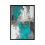 Teal and grey abstract brushwork crossed by muted gold-toned horizontal marks, front view with black frame, 24″×36″ nominal canvas