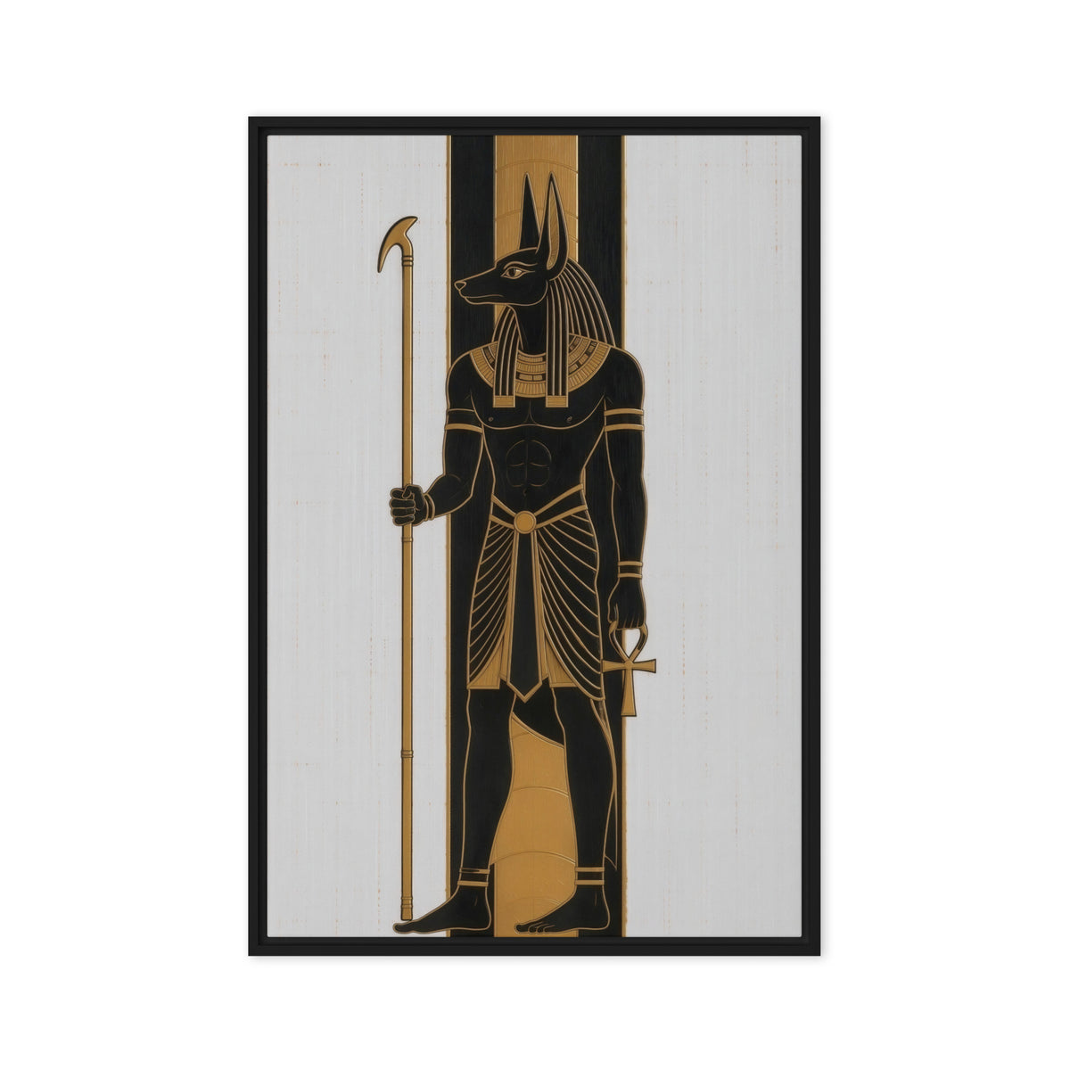 Black and gold Anubis figure holding a staff against pale vertical panels, front view with black frame, 24″×36″ nominal canvas
