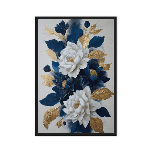 White and navy flowers with gold-toned leaves on a pale background, front view with black frame, 24″×36″ nominal canvas
