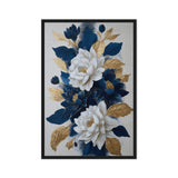 White and navy flowers with gold-toned leaves on a pale background, front view with black frame, 24″×36″ nominal canvas