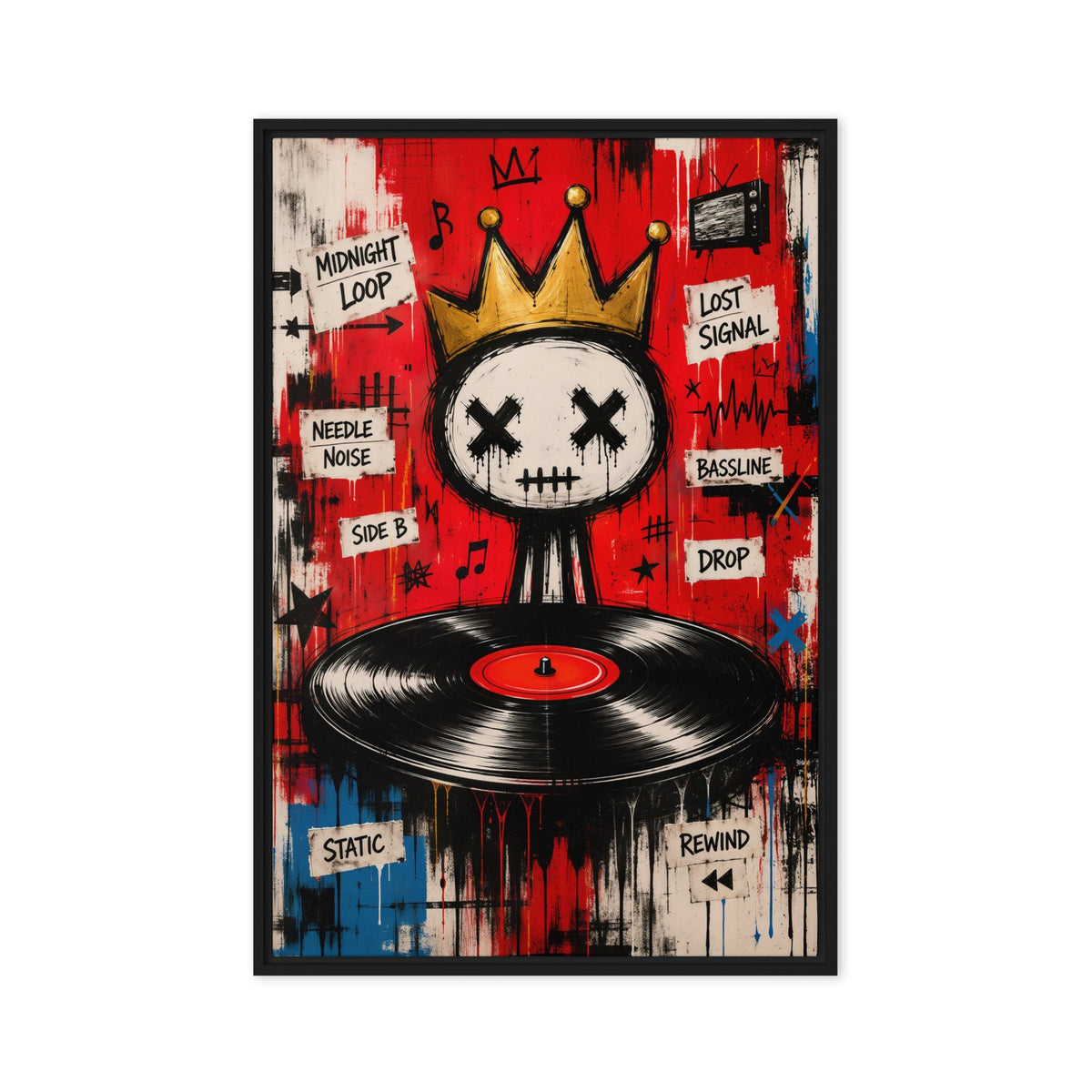 Crowned skull above a black vinyl record in a red and blue graffiti collage, front view with black frame, 24″×36″ nominal canvas