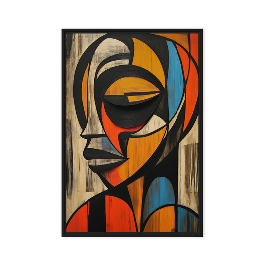 Geometric portrait with orange and blue facial planes and heavy black outlines, front view with black frame, 24″×36″ nominal canvas