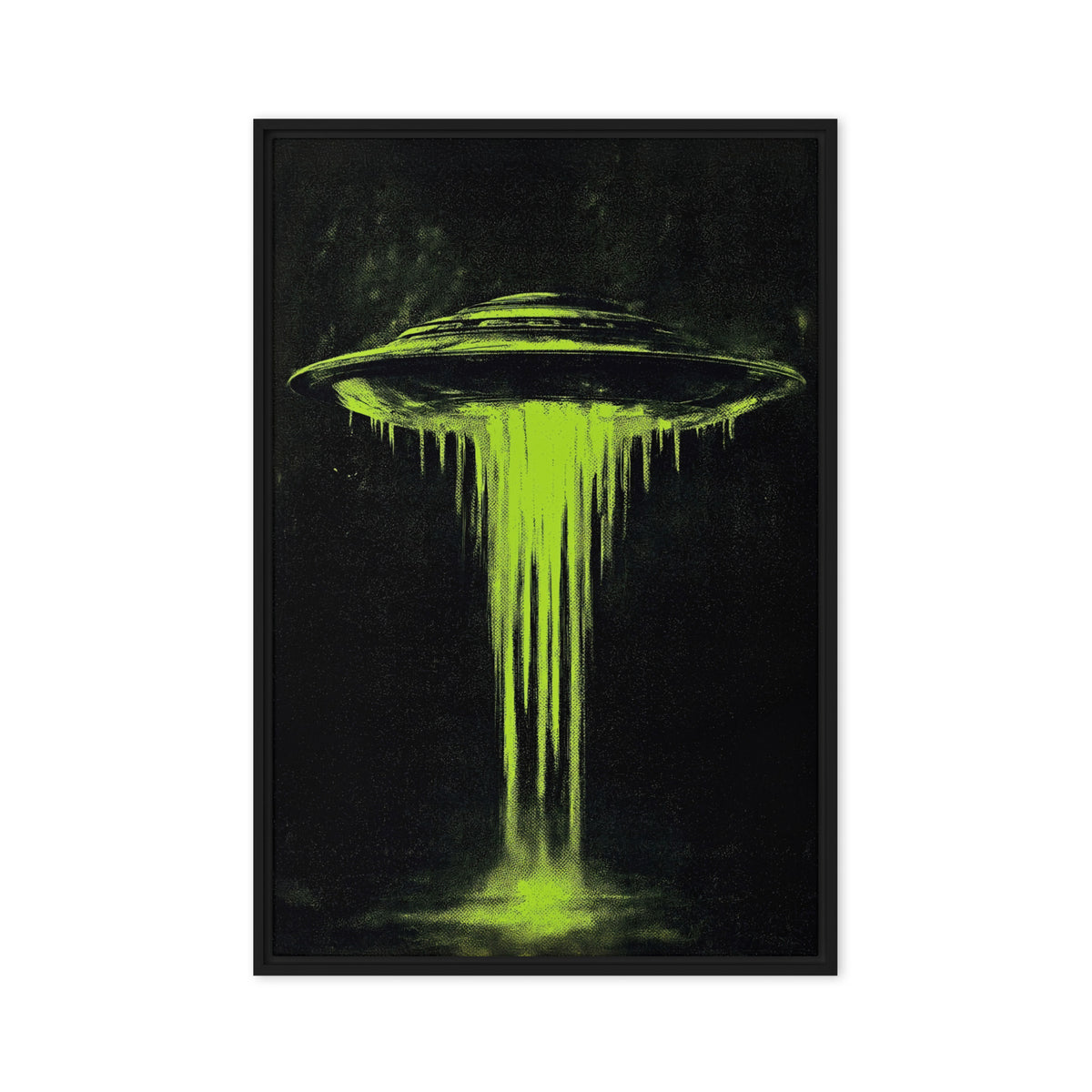 Lime green flying saucer with a dripping beam against black, front view with black frame, 24″×36″ nominal canvas