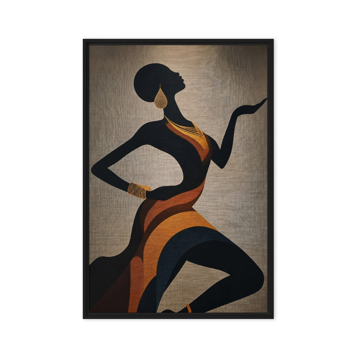 Stylised black female silhouette in orange drapery on a warm grey ground, front view with black frame, 24″×36″ nominal canvas