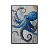 Blue octopus with curling gold-detailed tentacles on pale grey, front view with black frame, 24″×36″ nominal canvas