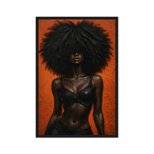 Woman with a large textured afro and black clothing against a burnt-orange background, front view in a black frame; 24 × 36 in nominal canvas