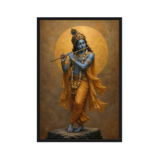 Blue Krishna figure playing a flute in ochre drapery before a gold-toned circle, front view in a black frame; 24 × 36 in nominal canvas