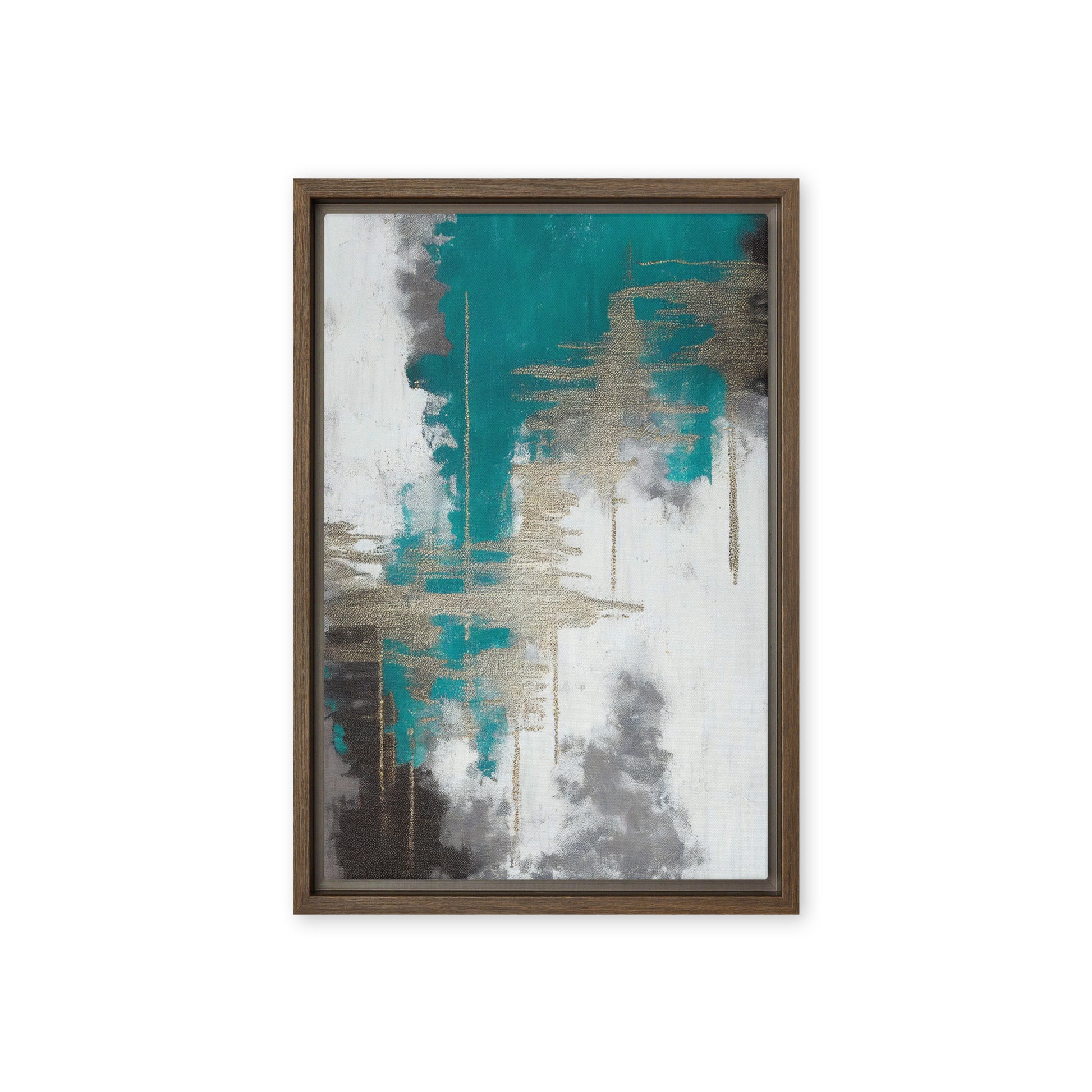 Teal White Grey Silver Modern Art Framed Canvas
