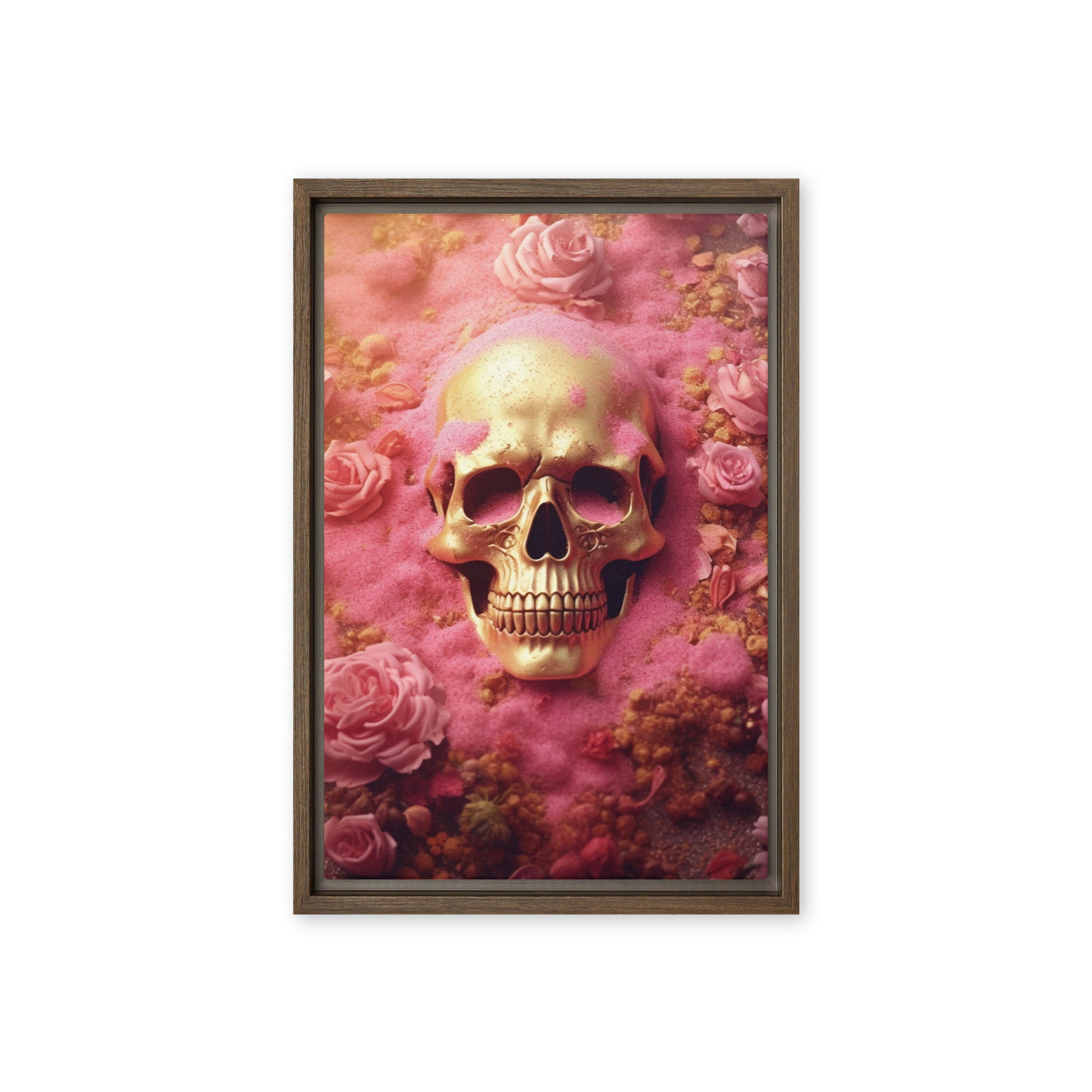 Skull In Pink Flowers Framed Canvas