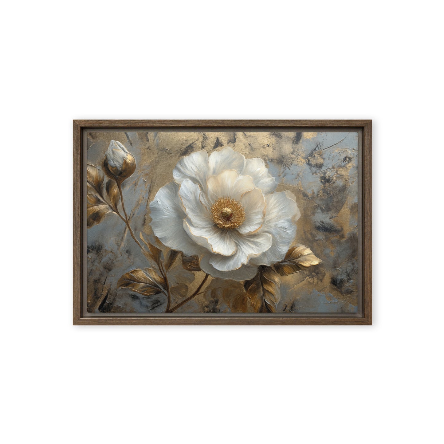 White and Gold Flowers Floral Art Framed Canvas