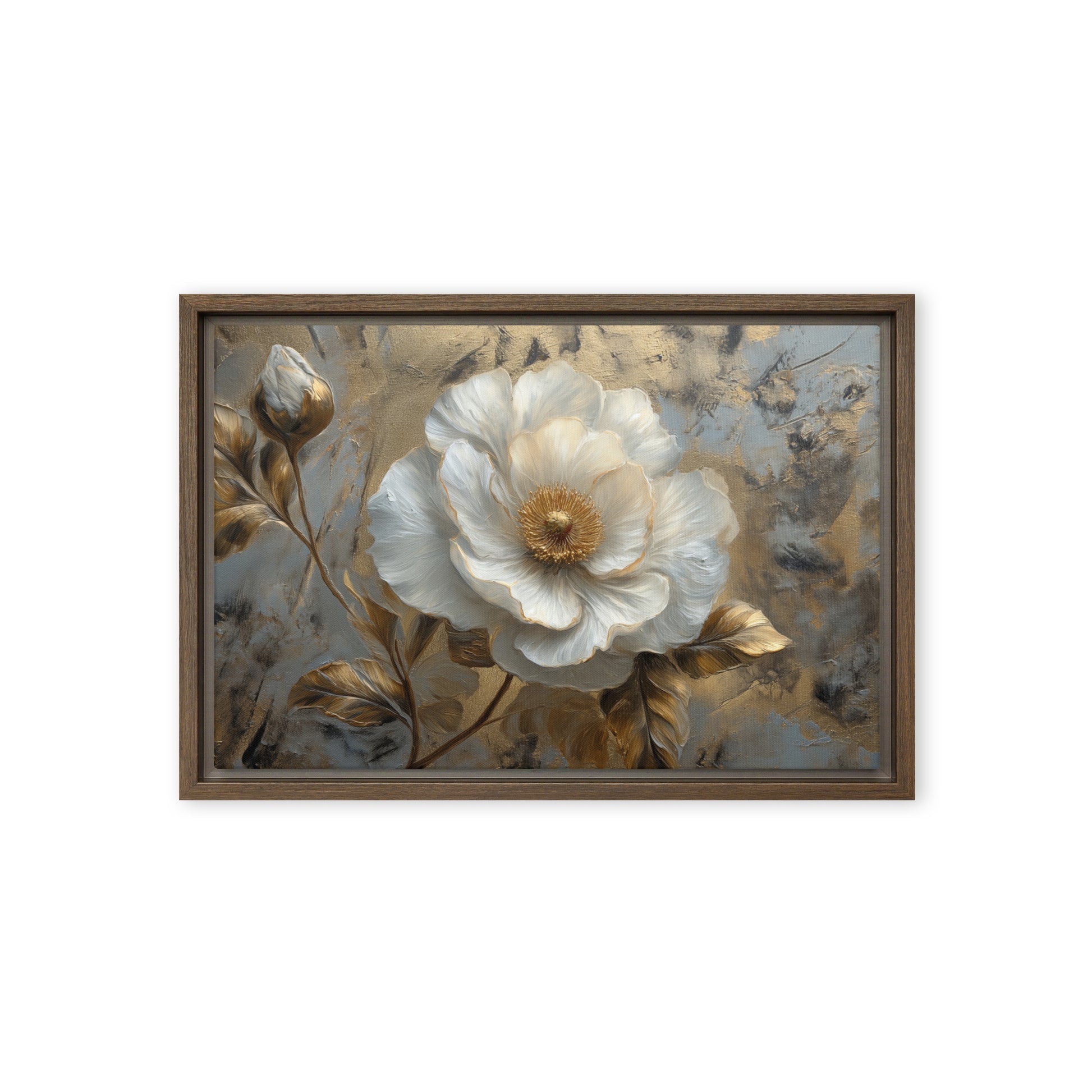 White and Gold Flowers Floral Art Framed Canvas